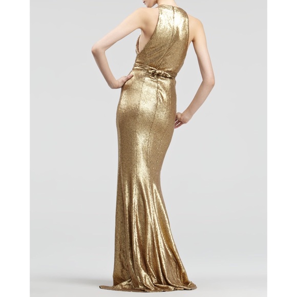 New without tags Donna Karan gold sequin deep v neck Belted Sequined Dress gown - Picture 2 of 14